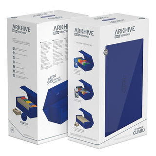 Ultimate Guard Arkhive 800+ XenoSkin Box, blau, für 800+ Karten, Verpackungsvorder- und -rückseite.