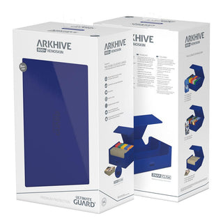 Ultimate Guard Arkhive 800+ XenoSkin Box in Blau, Verpackung zeigt Kartenaufbewahrung für 800+ Karten, doppelt gesleeved.