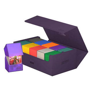 Ultimate Guard Arkhive 800+ XenoSkin violett, offene Box mit bunten Kartenhüllen, ideal für 800+ Karten.