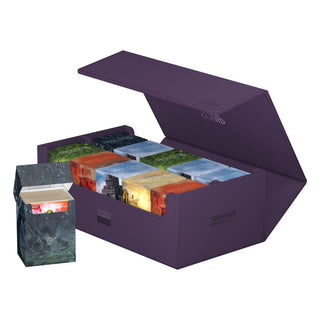 Ultimate Guard Arkhive 800+ XenoSkin violett, geöffnet, mit Kartenboxen gefüllt, zeigt Stauraum für 800+ Karten.
