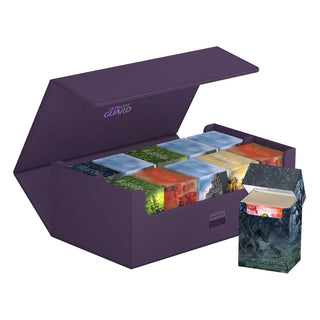 Ultimate Guard Arkhive 800+ XenoSkin violett, geöffnet mit Kartenboxen, bietet Platz für über 800 Karten.