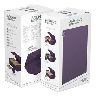 Ultimate Guard Arkhive 800+ XenoSkin violett, Kartenbox für 800+ Karten, Verpackung mit Produktabbildungen und Details.