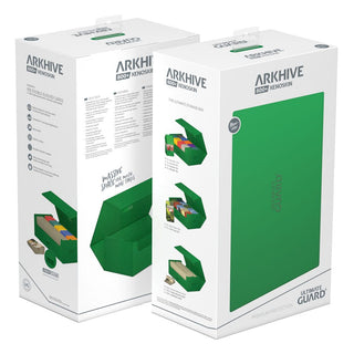 Grüne Ultimate Guard Arkhive 800+ XenoSkin Box für 800+ Karten, Verpackung zeigt Stauraum und Schutz.