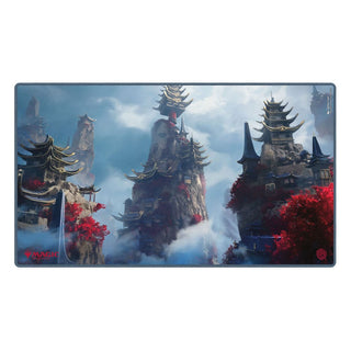 Ultimate Guard Play-Mat mit "Tarkir: Dragonstorm" Artwork, zeigt asiatische Tempel auf Bergen, 61x35 cm, rutschfest.