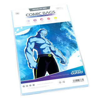 Ultimate Guard Comic Bags wiederverschließbar, Regular Size, 100 Stück, blaue Figur auf Verpackung.