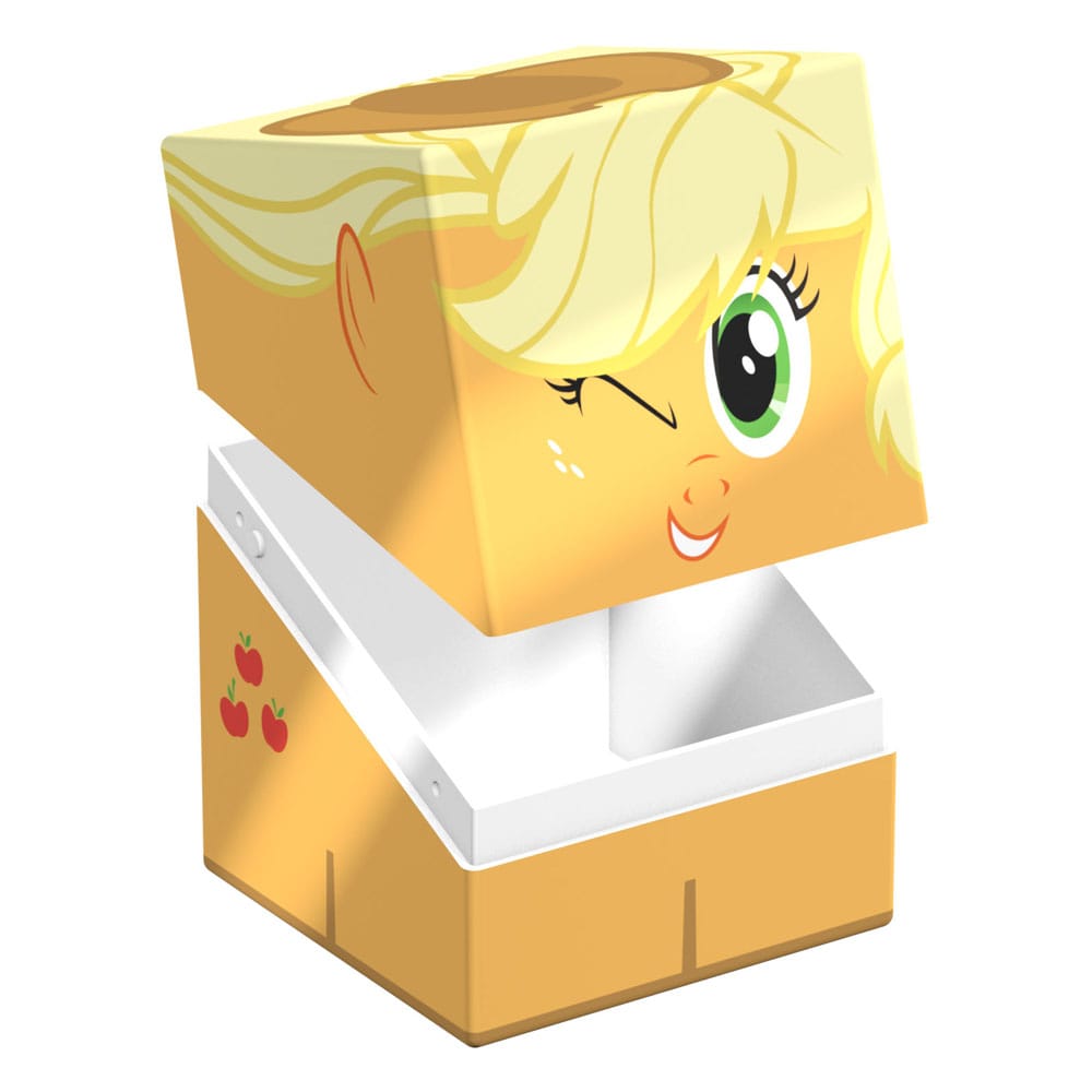 Squaroes Squaroe Apple Jack Deck-Box, My Little Pony Design, geöffnet, gelb mit Apfelmotiv, für TCG-Zubehör.