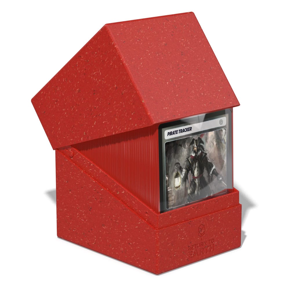 Rote Ultimate Guard Boulder Deck Box 133+ für Standardkarten, nachhaltiges Design, geöffnet mit Kartenansicht.