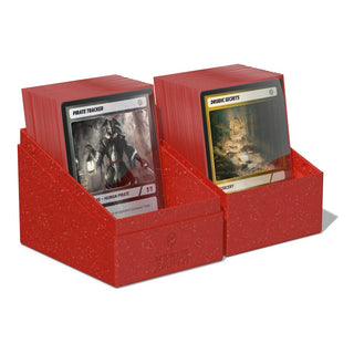 Rote Ultimate Guard Boulder Deck Box für 133+ Karten, offen mit Karten, nachhaltiges Design.