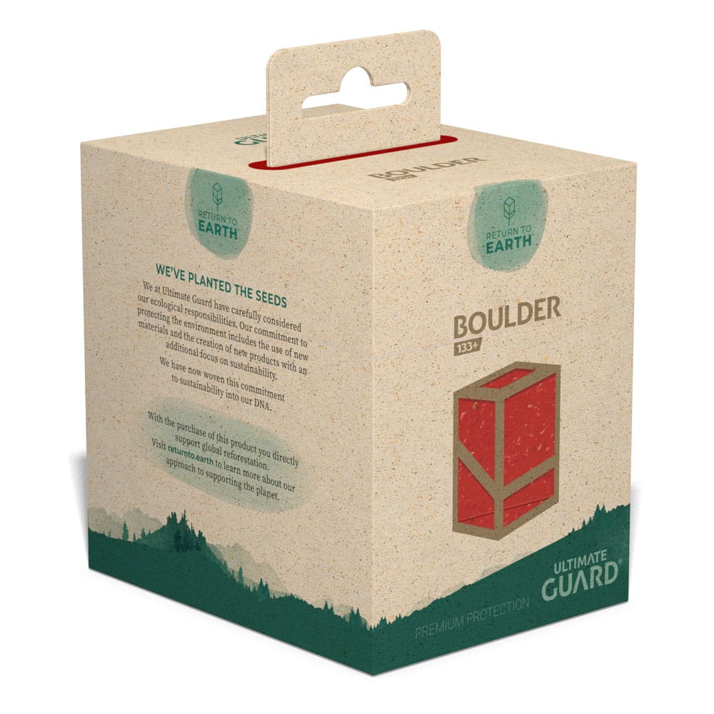 Ultimate Guard Boulder Deck Case 133+ in Rot, nachhaltige Verpackung, Rückseite mit Text und Logo.