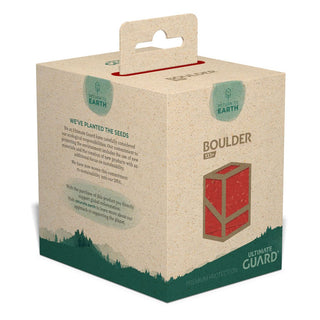 Ultimate Guard Boulder Deck Case 133+ in Rot, nachhaltige Verpackung, Rückseite mit Text und Logo.