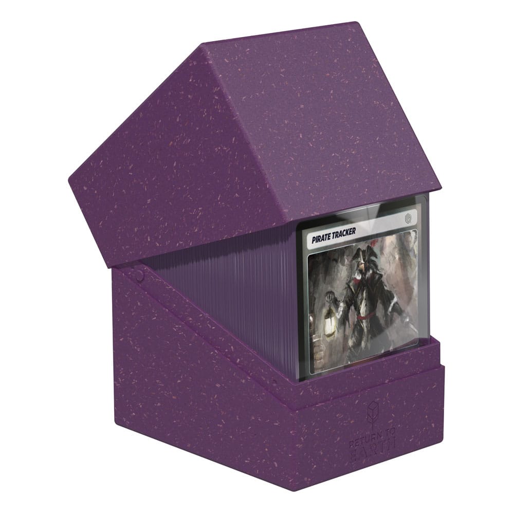 Violette Ultimate Guard Boulder Deck Box für 133+ Karten, geöffnet mit Kartenstapel.