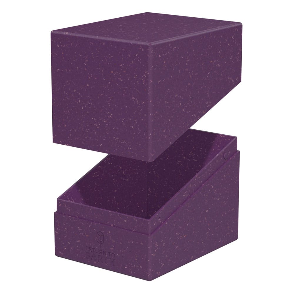 Violette Ultimate Guard Boulder Deck Box, geöffnet, nachhaltiges Design für TCG-Karten.