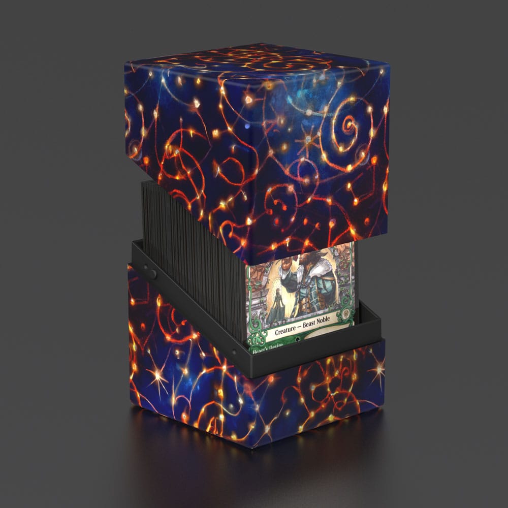 Ultimate Guard RTE Boulder 100+ Magic: The Gathering Kartenbox, Bloomburrow Design, geöffnet mit Karten.