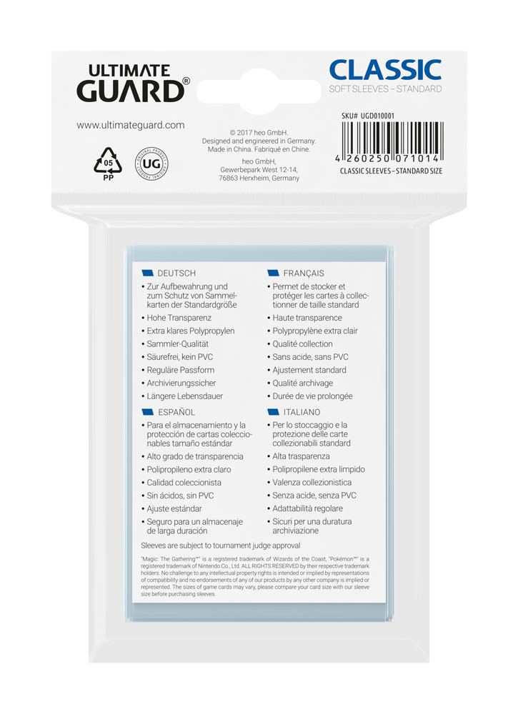 Ultimate Guard Classic Soft Sleeves, 100 transparente Kartenhüllen für Sammelkarten, Standardgröße, Verpackungsvorderseite.
