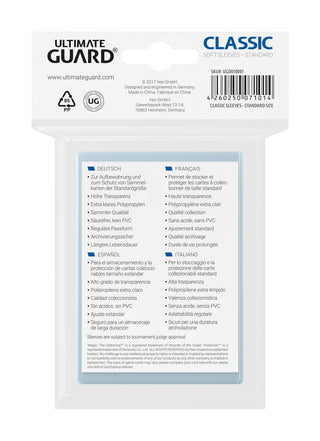 Ultimate Guard Classic Soft Sleeves, 100 transparente Kartenhüllen für Sammelkarten, Standardgröße, Verpackungsvorderseite.