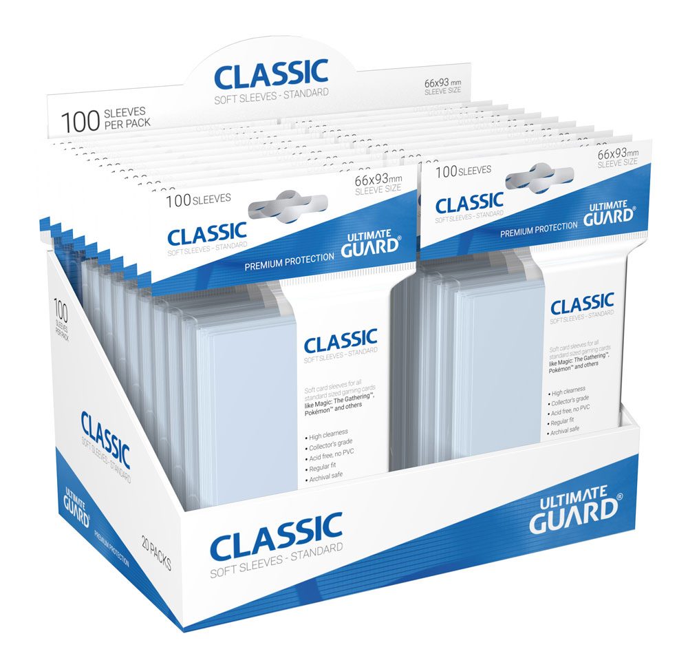 Ultimate Guard Classic Soft Sleeves Standardgröße, 100 transparente Kartenhüllen für Sammelkarten, in Verpackung.