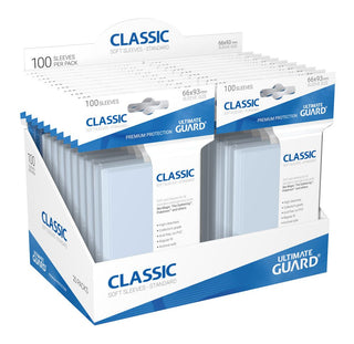 Ultimate Guard Classic Soft Sleeves Standardgröße, 100 transparente Kartenhüllen für Sammelkarten, in Verpackung.