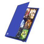 Blaue Ultimate Guard Flexxfolio 360 Kartenmappe mit 18-Pocket-Seiten, teilweise geöffnet, zeigt Sammelkarten.