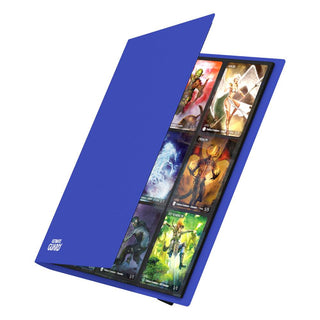 Blaue Ultimate Guard Flexxfolio 360 Kartenmappe mit 18-Pocket-Seiten, teilweise geöffnet, zeigt Sammelkarten.
