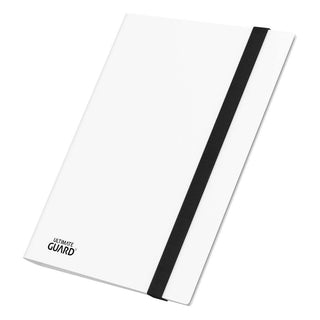 Weiße Ultimate Guard Flexxfolio 360 Kartenmappe mit schwarzem Gummiband, 18-Pocket-Design für Sammelkarten.
