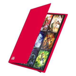 Rote Ultimate Guard Flexxfolio 360 Kartenmappe, geöffnet, zeigt Sammelkarten in 18-Pocket-Seiten.