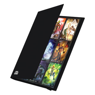 Ultimate Guard Flexxfolio 360, schwarze Kartenmappe mit 18-Pocket-Seiten, zeigt Sammelkarten in bunten Fächern.