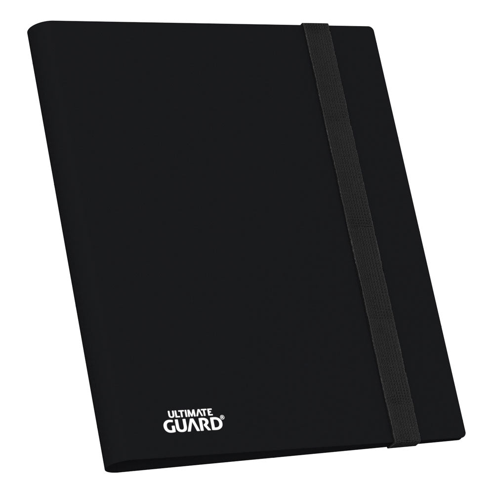 Schwarze Ultimate Guard Flexxfolio 360 Kartenmappe mit elastischem Band, 18-Pocket-Design für Sammelkarten.