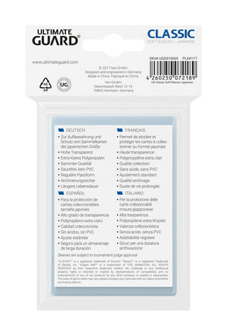 Ultimate Guard Classic Soft Sleeves, 100 transparente Hüllen für japanische Sammelkarten, hohe Transparenz, Polypropylen.