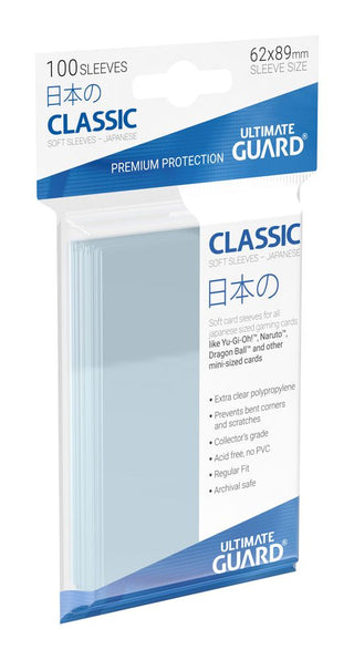 Ultimate Guard Classic Soft Sleeves, 100 transparente Hüllen für japanische Sammelkarten, 62x89mm.