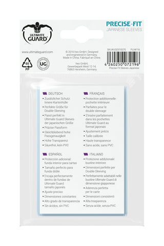 Rückseite der Ultimate Guard Precise-Fit Sleeves Japanische Größe, 100 transparente Kartenhüllen, mehrsprachige Beschreibung.
