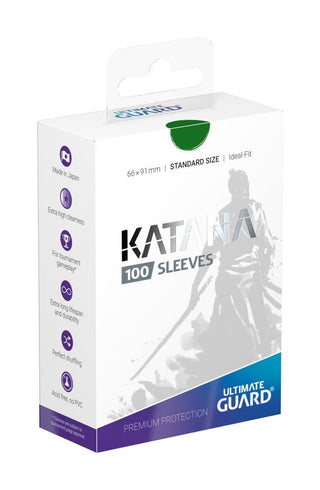 Ultimate Guard Katana Sleeves, Standardgröße, Grün, 100 Stück, Verpackung mit Samurai-Design, Made in Japan.