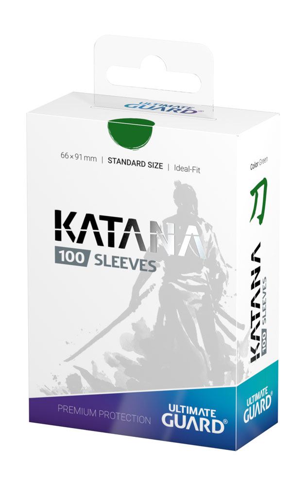 Ultimate Guard Katana Sleeves, 100 Stück, Standardgröße, grün, Premium-Kartenschutz, Verpackung mit Samurai-Design.