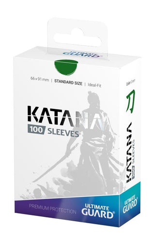 Ultimate Guard Katana Sleeves, 100 Stück, Standardgröße, grün, Premium-Kartenschutz, Verpackung mit Samurai-Design.