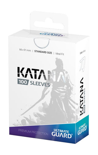 Ultimate Guard Katana Sleeves Weiß, 100 Stück, Standardgröße, Premium-Kartenschutz, Samurai-Design, Verpackungsvorderseite.