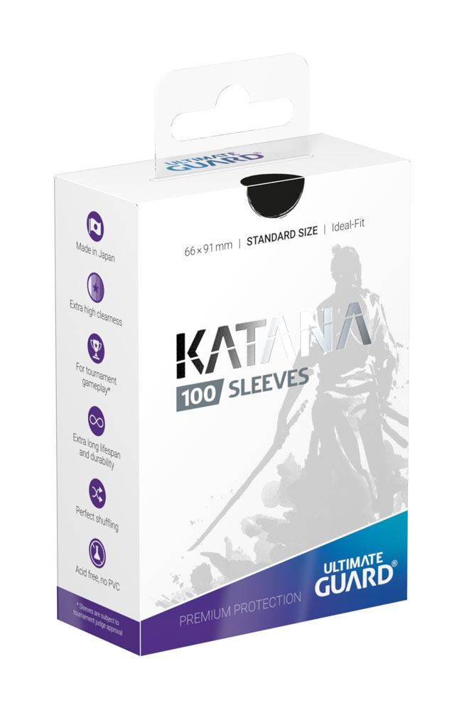 Verpackung der Ultimate Guard Katana Sleeves Standardgröße Schwarz, 100 Stück, für Kartenschutz.