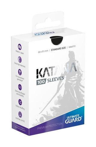 Verpackung der Ultimate Guard Katana Sleeves Standardgröße Schwarz, 100 Stück, für Kartenschutz.