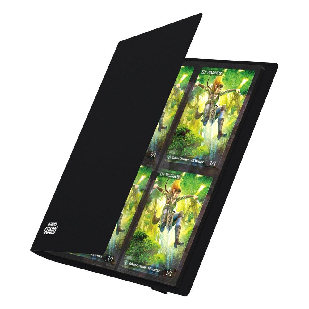 Schwarze Ultimate Guard Flexxfolio 160 Kartenmappe mit geöffneten 8-Pocket-Seiten, gefüllt mit Sammelkarten.