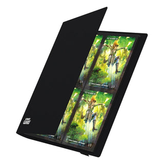 Schwarze Ultimate Guard Flexxfolio 160 Kartenmappe mit geöffneten 8-Pocket-Seiten, gefüllt mit Sammelkarten.