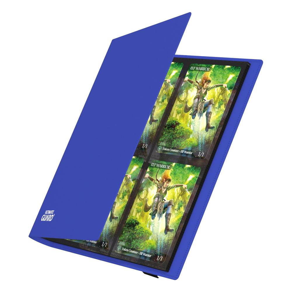 Blaue Ultimate Guard Flexxfolio 160 Kartenmappe mit geöffneten 8-Pocket-Seiten, gefüllt mit Sammelkarten.