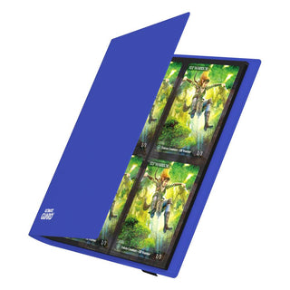 Blaue Ultimate Guard Flexxfolio 160 Kartenmappe mit geöffneten 8-Pocket-Seiten, gefüllt mit Sammelkarten.