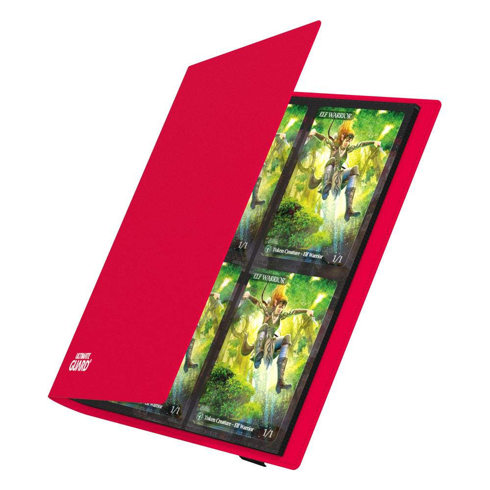 Rote Ultimate Guard Flexxfolio 160 Kartenmappe mit geöffneten 8-Taschen-Seiten, gefüllt mit Sammelkarten.