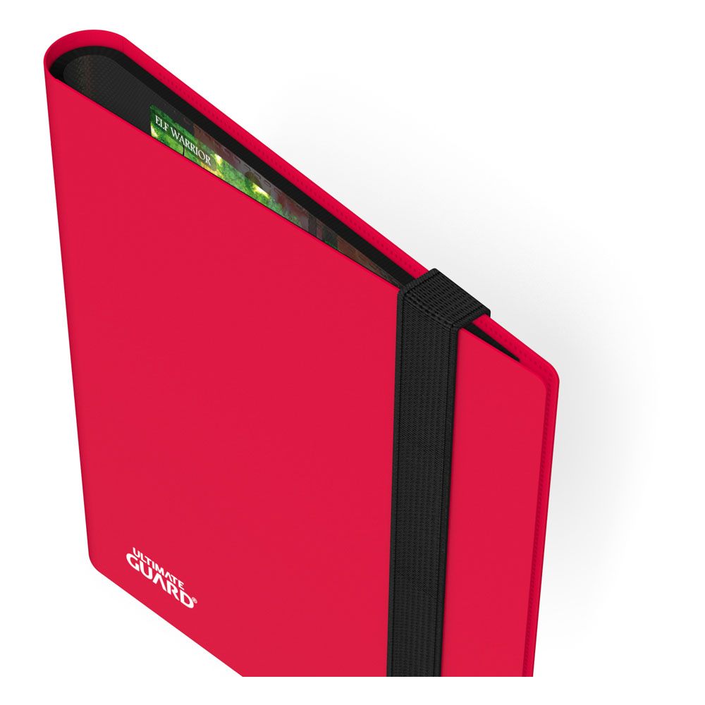 Rote Ultimate Guard Flexxfolio 160 Kartenmappe mit elastischem Verschluss und sichtbarer Karte im Inneren.