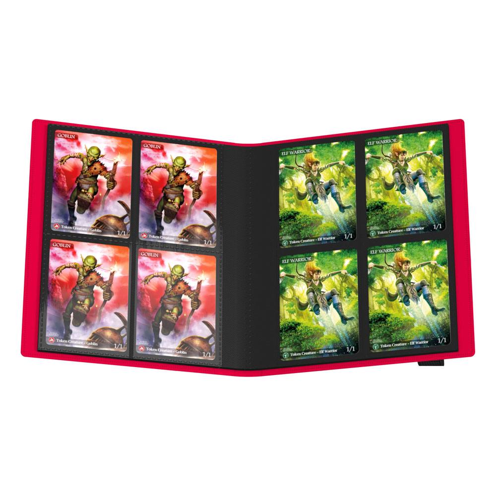 Ultimate Guard Flexxfolio 160, rote 8-Pocket Kartenmappe, offen mit Sammelkarten.