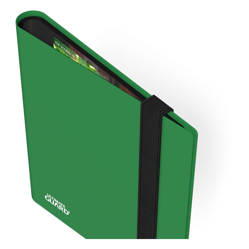 Grüne Ultimate Guard Flexxfolio 160 Kartenmappe mit elastischem Verschluss und sichtbaren Kartenfächern.