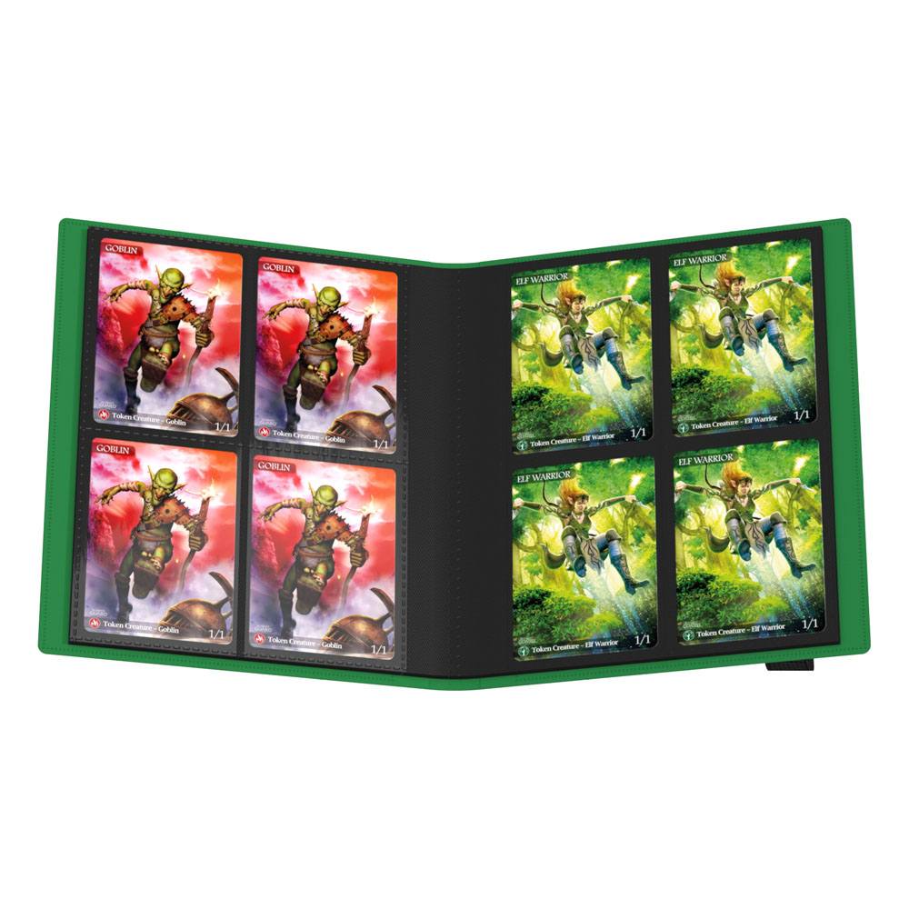 Grüne Ultimate Guard Flexxfolio 160 Kartenmappe, geöffnet, mit Sammelkarten in 8-Pocket-Seiten.