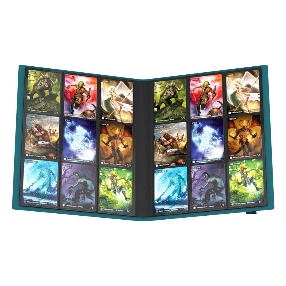 Ultimate Guard Flexxfolio 360, petrolblau, geöffnet mit Sammelkarten in 18-Pocket-Pages.