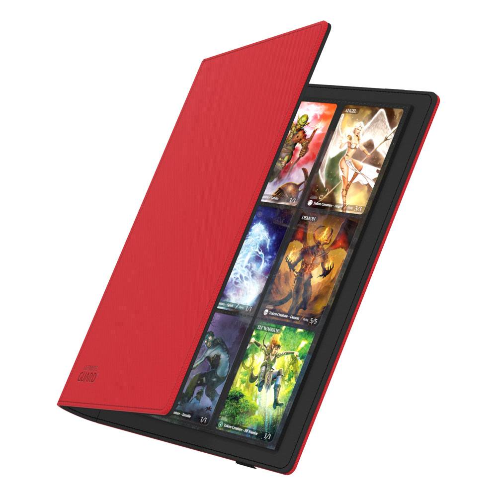 Rote Ultimate Guard Flexxfolio 360 Sammelmappe mit geöffnetem Einband und Karten in 18-Pocket-Seiten.