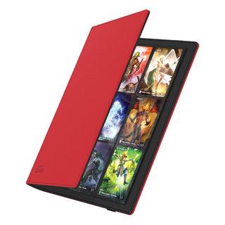 Rote Ultimate Guard Flexxfolio 360 Sammelmappe mit geöffnetem Einband und Karten in 18-Pocket-Seiten.