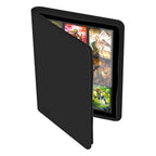 Schwarze Ultimate Guard Zipfolio 360 Kartenmappe mit XenoSkin-Einband, geöffnet, zeigt Sammelkarten in 18-Pocket-Seiten.