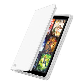 Weiße Ultimate Guard Zipfolio 360 Kartenmappe mit offenem Reißverschluss, zeigt Sammelkarten in 18-Pocket-Seiten.